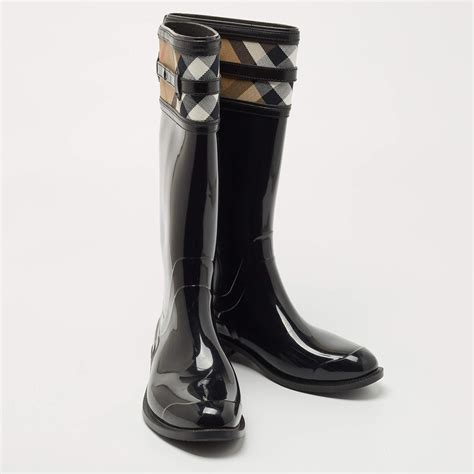 burberry rainboots crosshill housecheck check knee high black|Burberry Rain Boots .